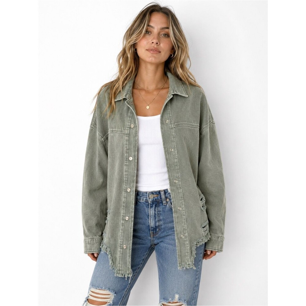 12th Tribe Olive Distressed Denim Shacket Oversized One Size